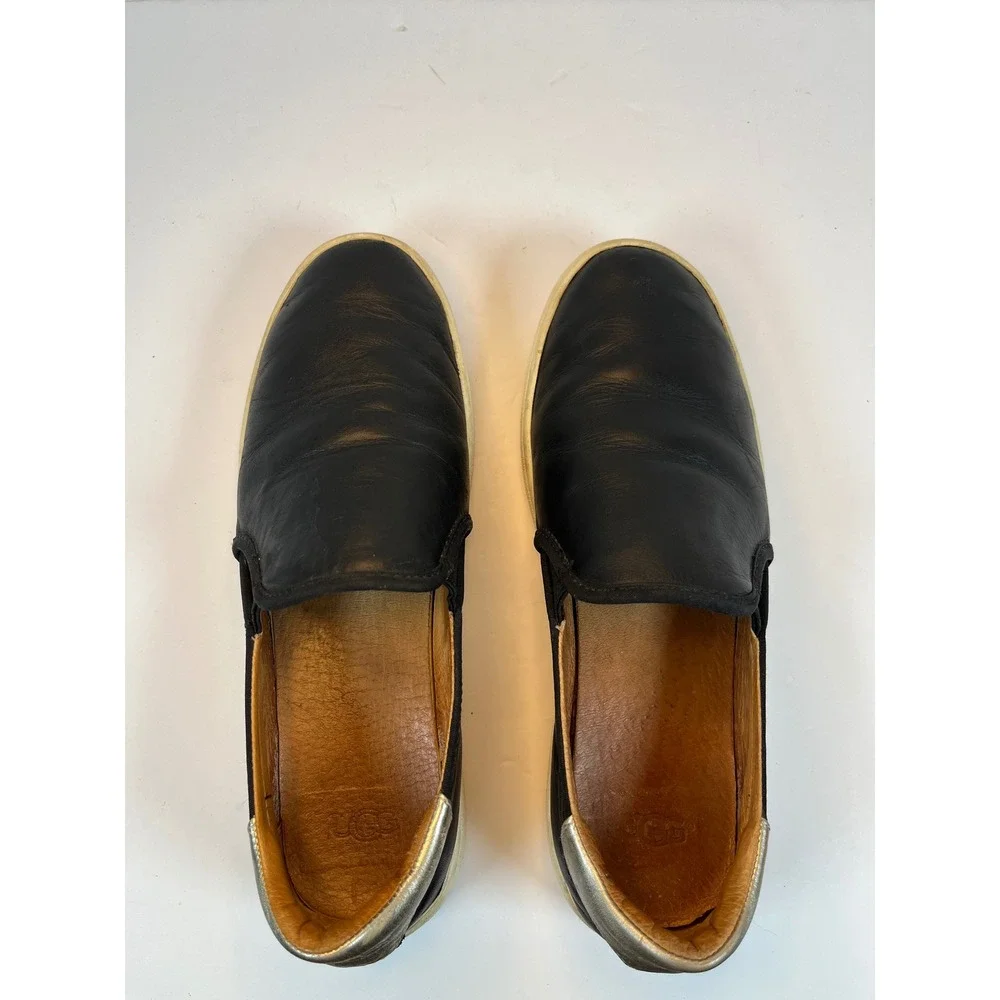 UGG Cas Black Leather Slip On Sneakers Gold Heel 1019108 Womens 8